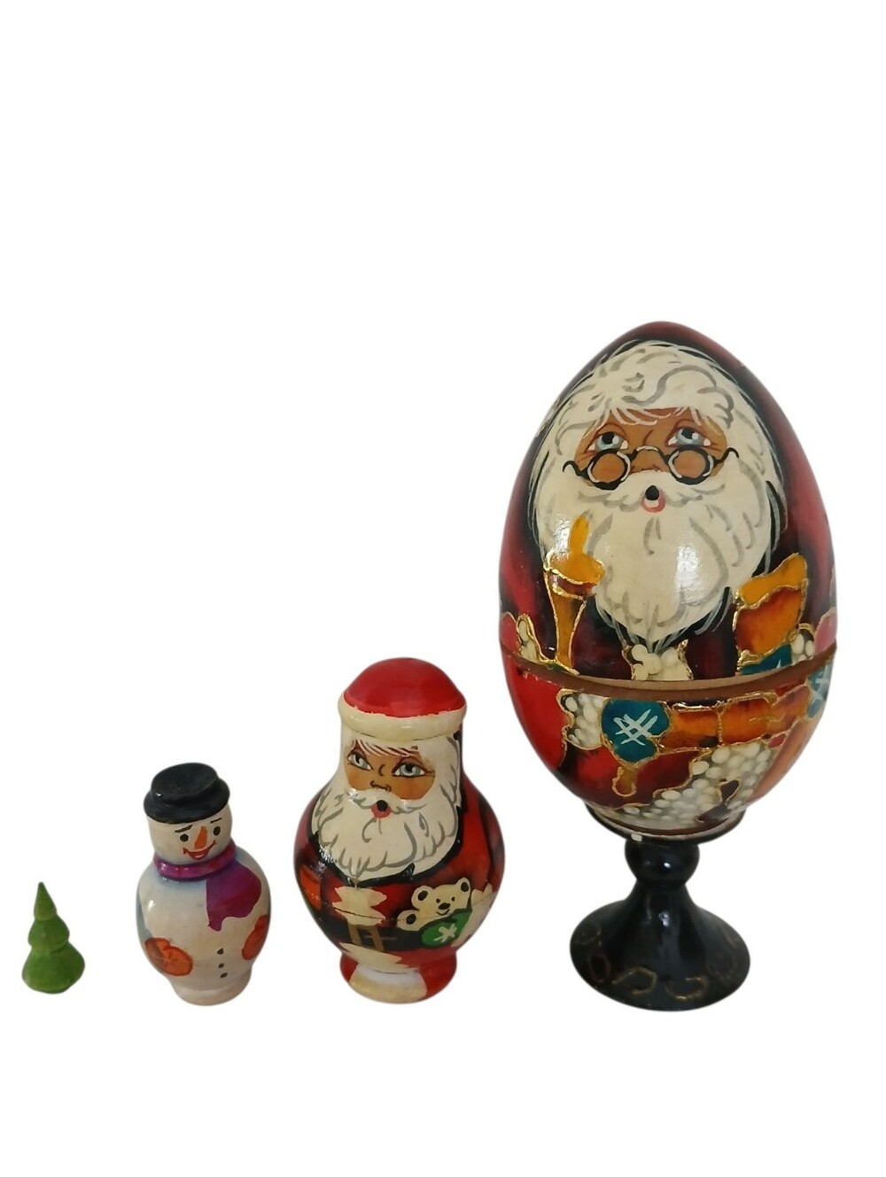 Vintage Santa Russian Matryoshka Wooden Nesting Dolls Set of 3 On A Pedestal